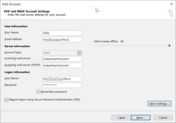 DreamHost POP, IMAP and SMTP settings with Port Numbers 1 pop and imap account settings outlook