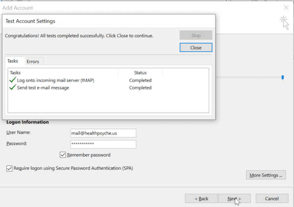 DreamHost POP, IMAP and SMTP settings with Port Numbers 2 dreamhost smtp settings success