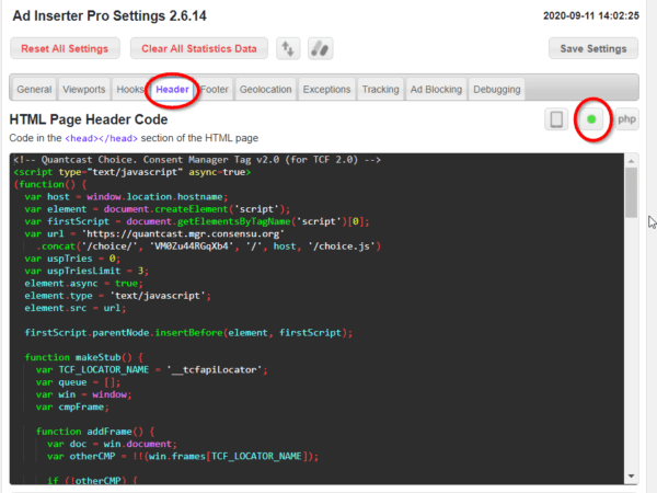 How to use Ad Inserter Pro for TCF v2.0 in Wordpress 1 ad inserter pro header settings quantcast choice