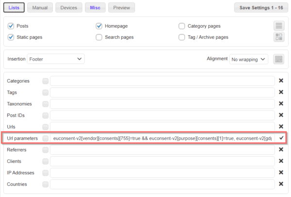 How to use Ad Inserter Pro for TCF v2.0 in Wordpress 4 ad inserter pro url parameters tcf 2