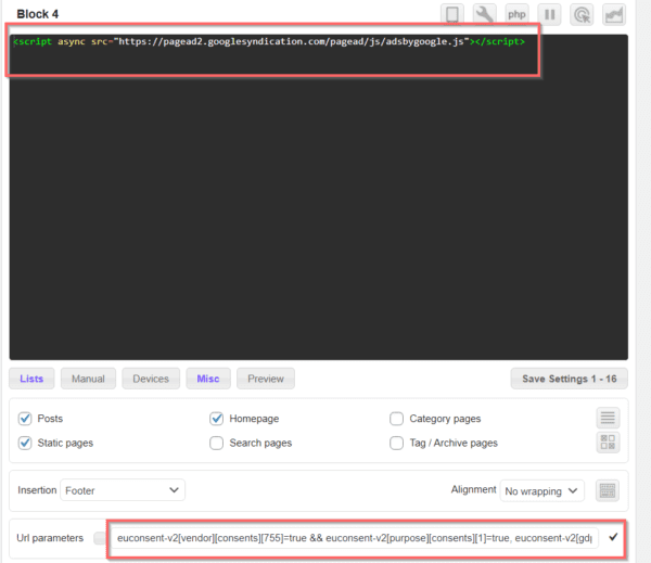 How to use Ad Inserter Pro for TCF v2.0 in Wordpress 3 adsense script code tcf 2.0 implementation