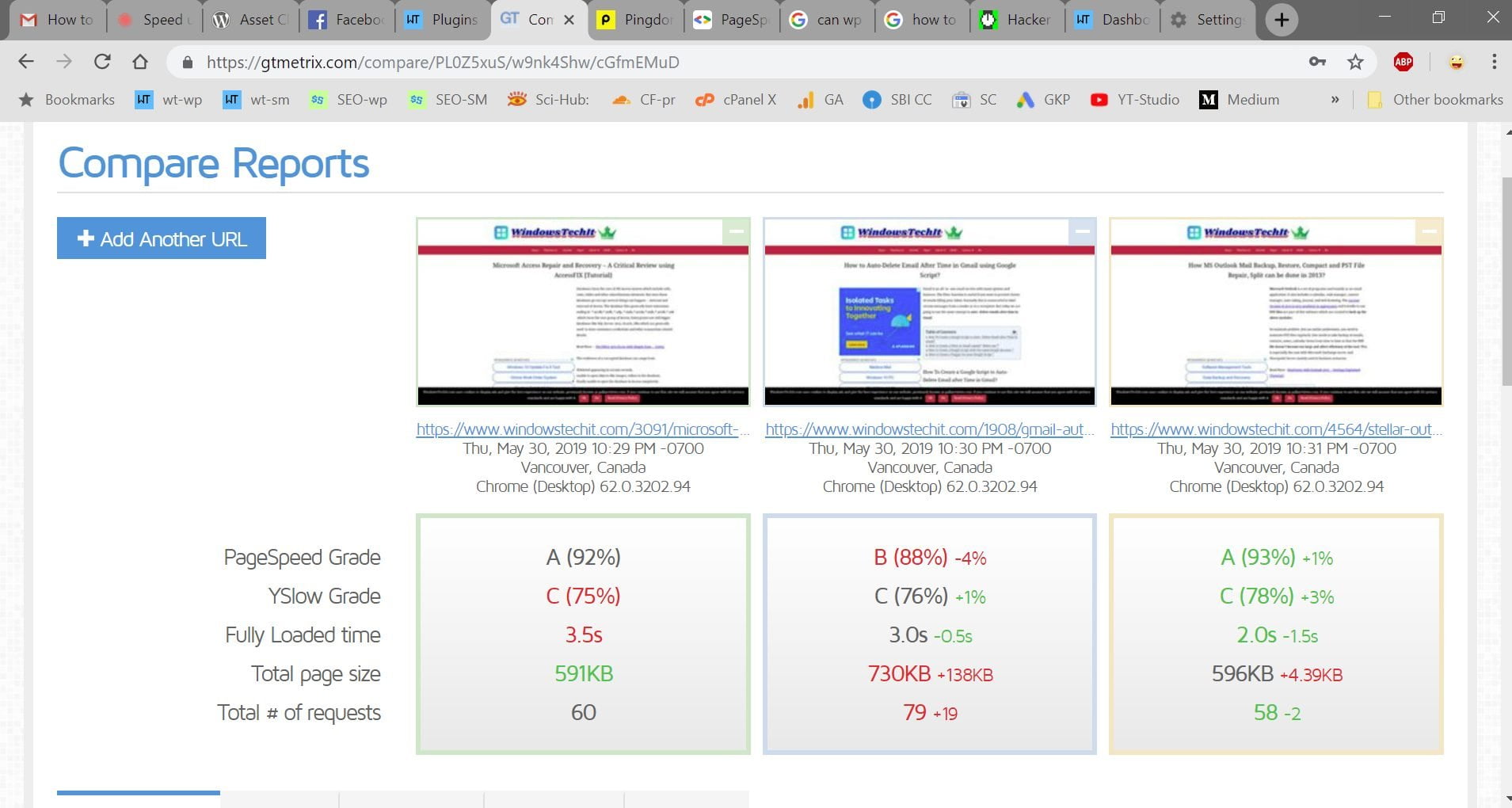 compare page speed test without wp rocket