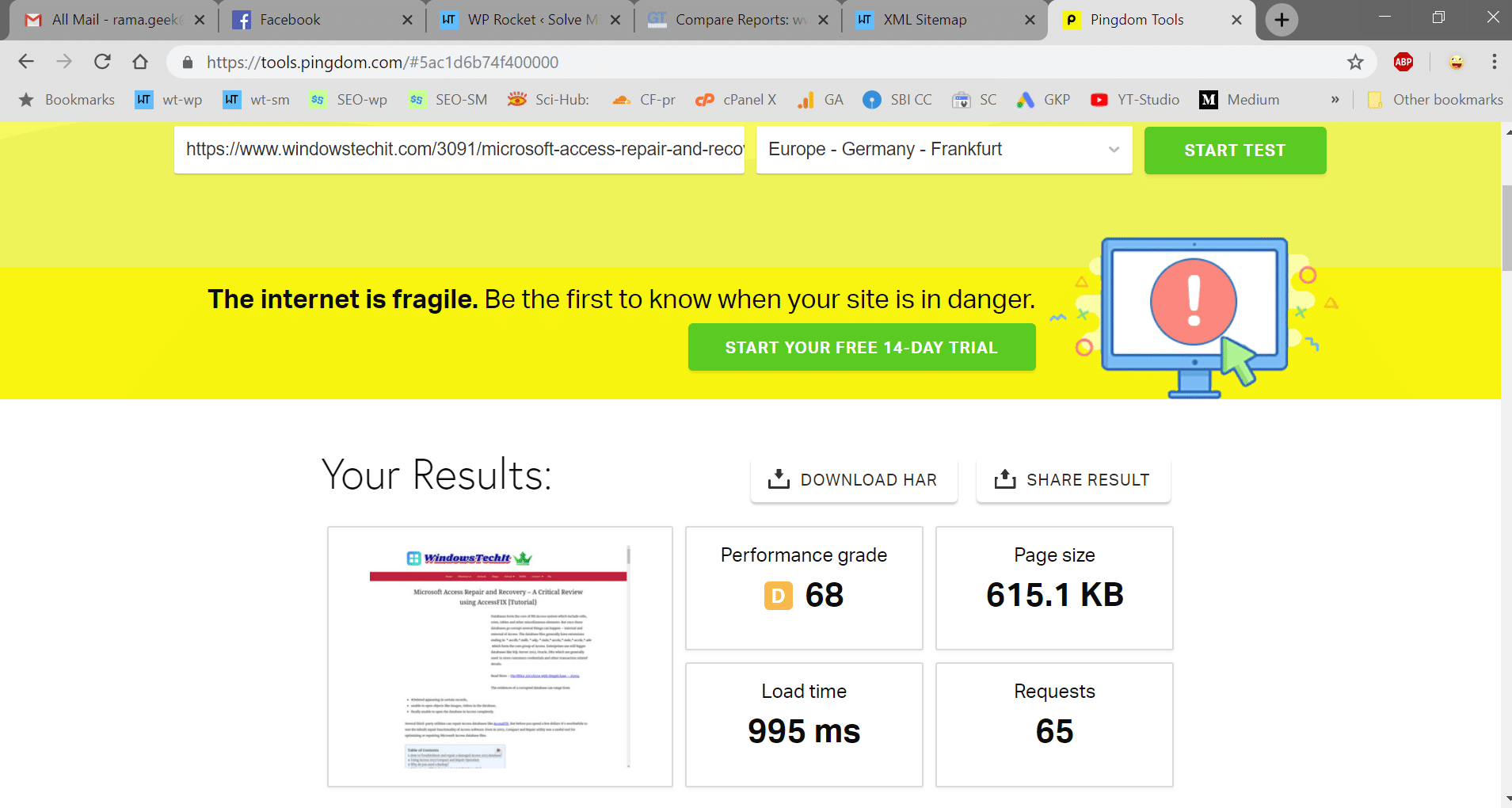 7 Power Features of WP Rocket vs SG Optimizer Compared 6 pingdom page speed test results with wp rocket