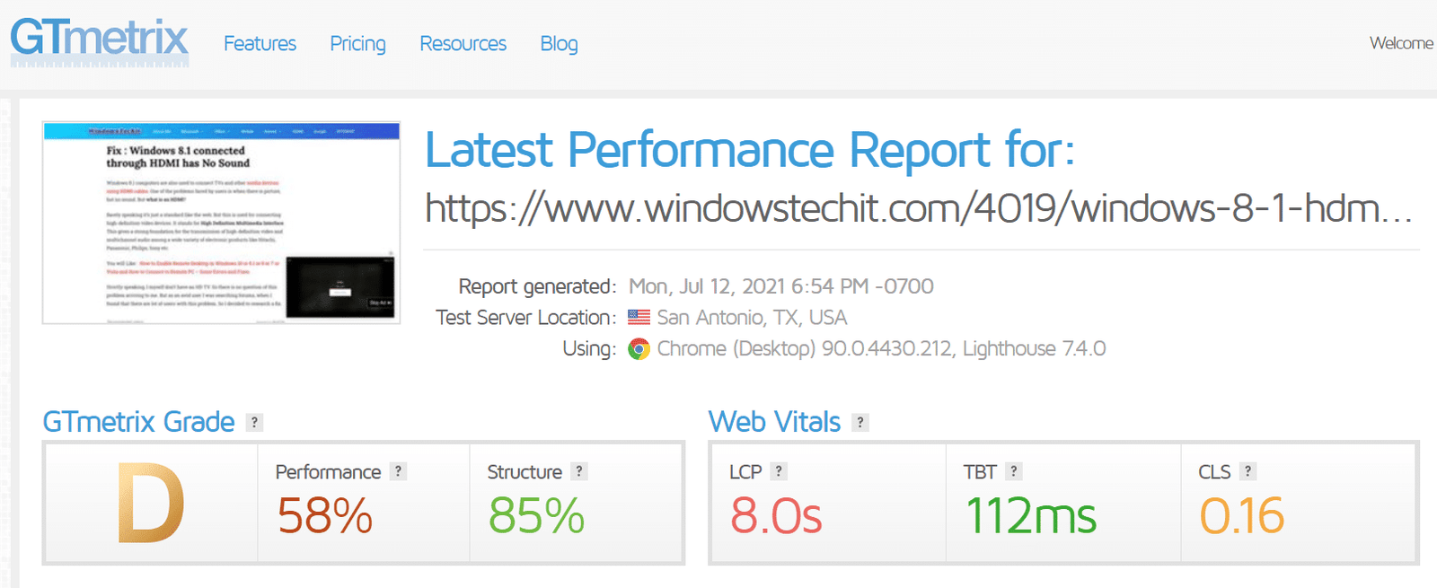 gtmetrix test results core web vitals wp rocket and autoptimize