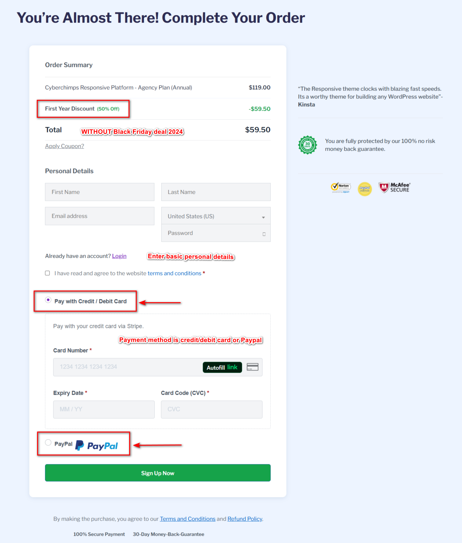 cyberchimps order page